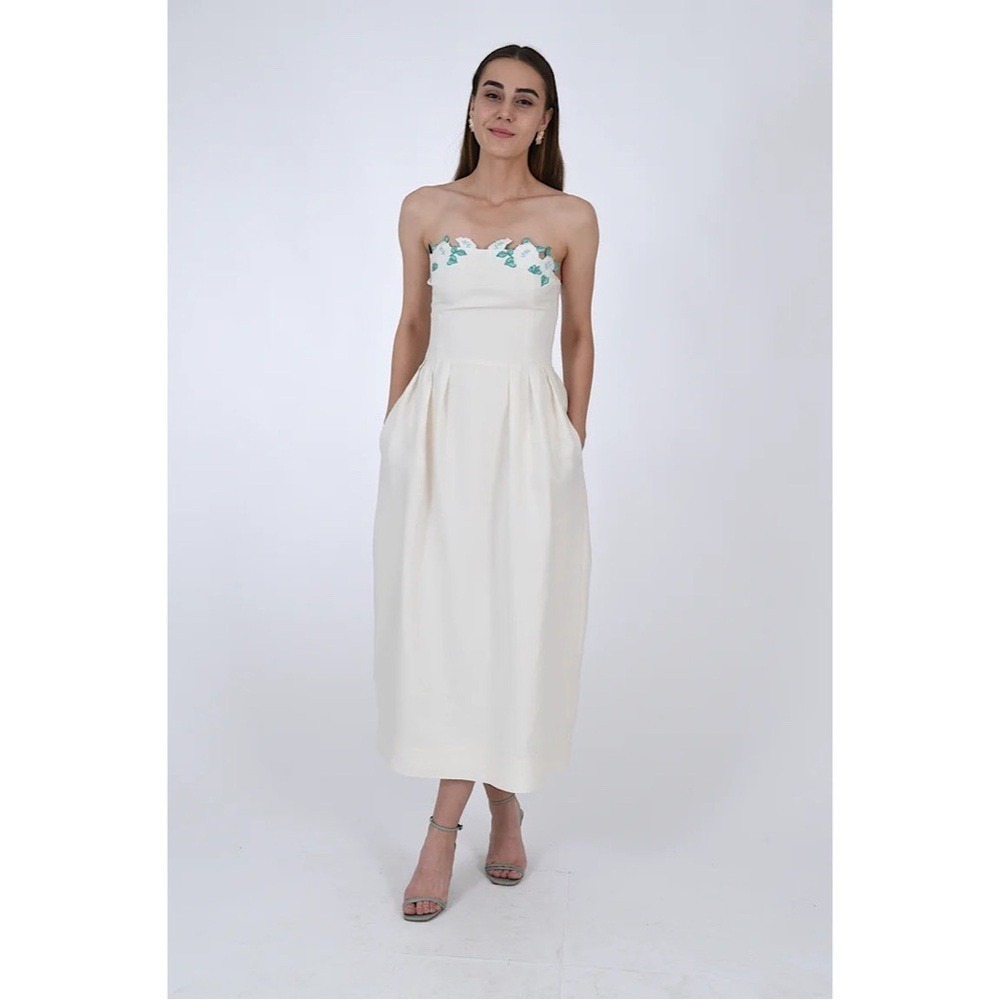 Fanm Mon Strapless Cream Midi Dress with Teal Floral Embroidery